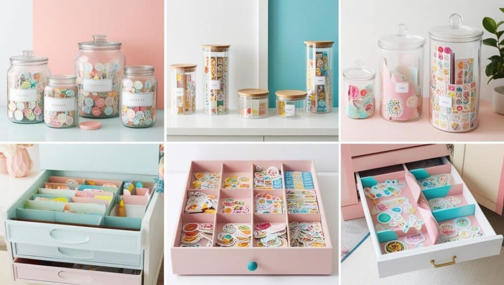 boxes and clear jars hold a sticker collection