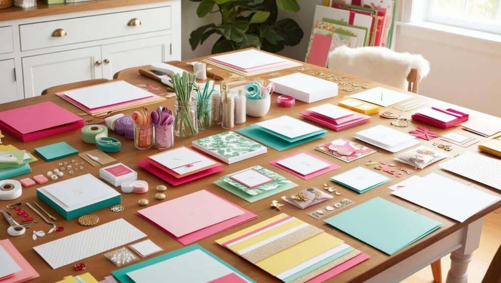 table with sticker greeting card making supplies
