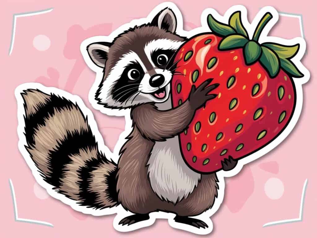 sticker of a cute racoon holding a strawberry on a pink background