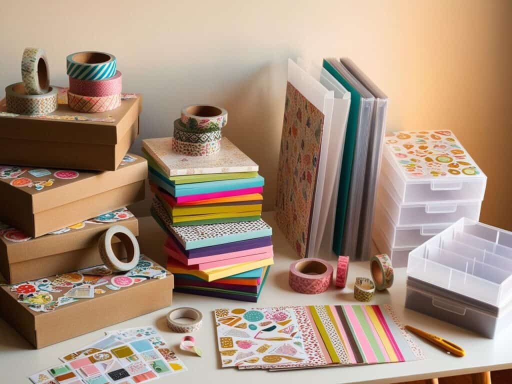 sticker supplies for sticker storage boxes, clear containers and boxes stacked on a table