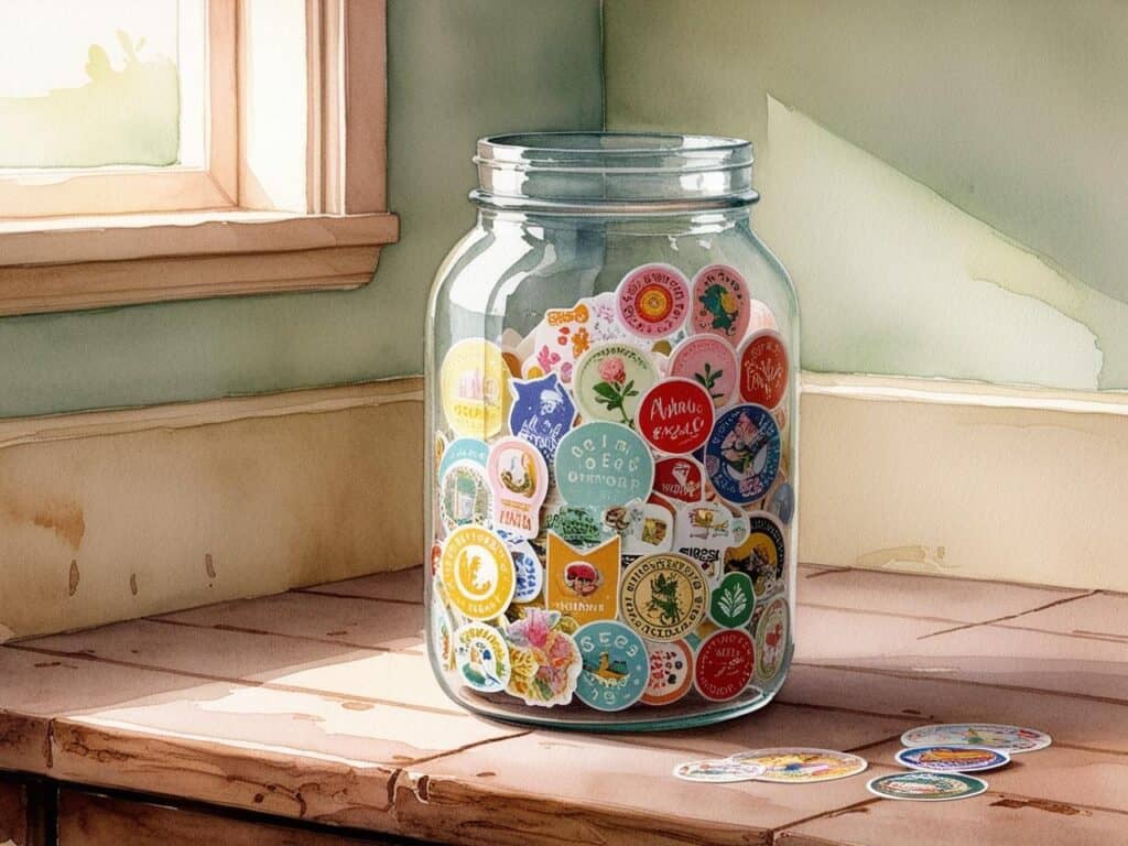 glass jar full of stickers sitting on a wooden counter near a window