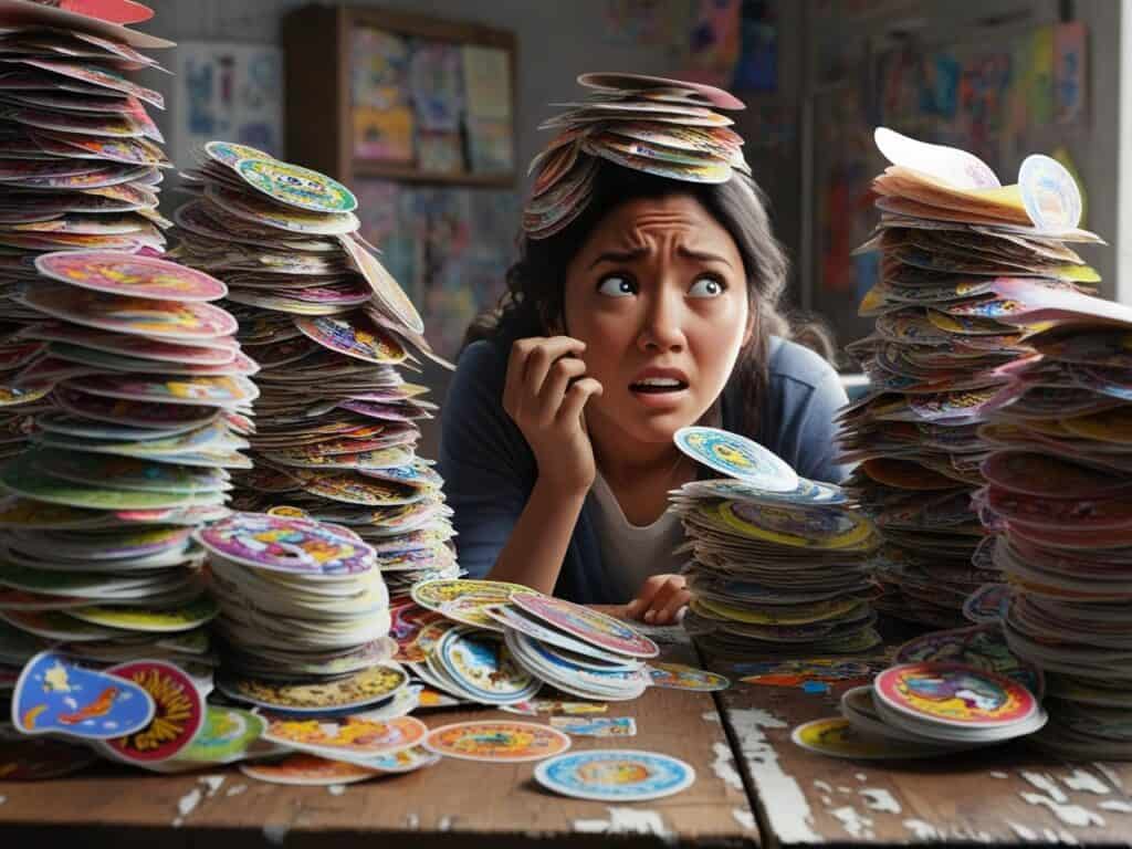 lady surrounded by mountains of stickers looking overwhelmed