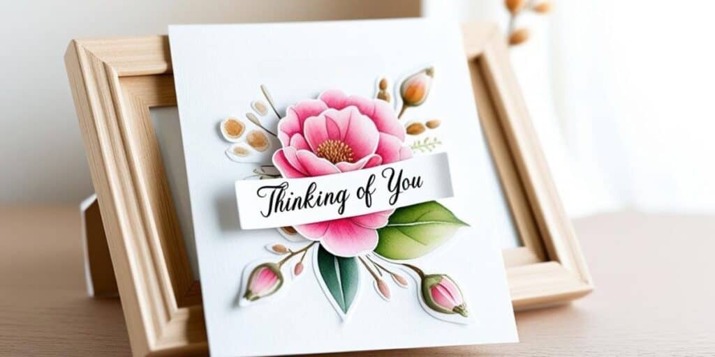 creative ways to use stickers for diy greeting cards, a sticker card of a pink rose that says thinking of you in front of a wooden picture frame, resting on a table