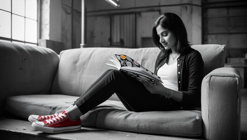 a black and white photo of a woman looking at a composition notebook filled with stickers, she is wearing red sneakers