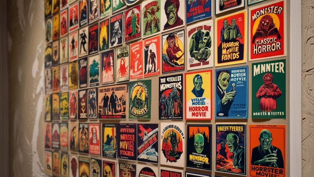 wall display of vintage horror movies