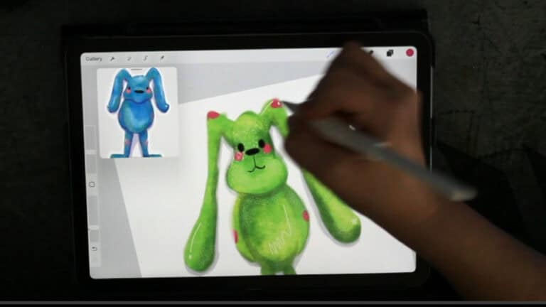 adding cute pink splotches to green bunny in procreate