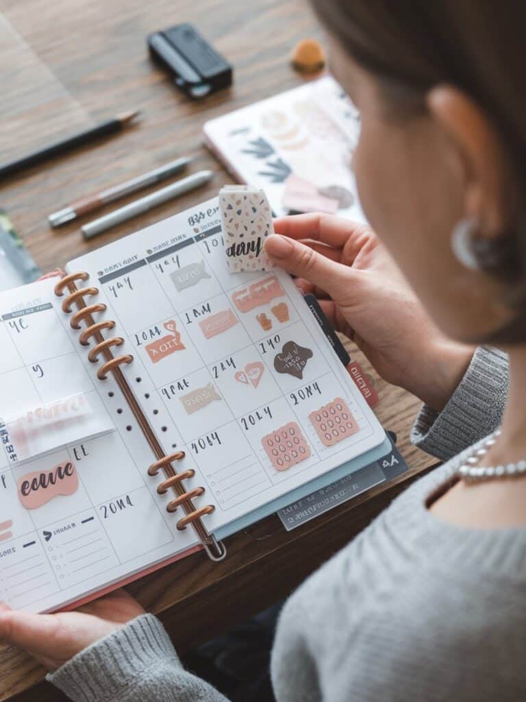 a woman using stickers in her planner