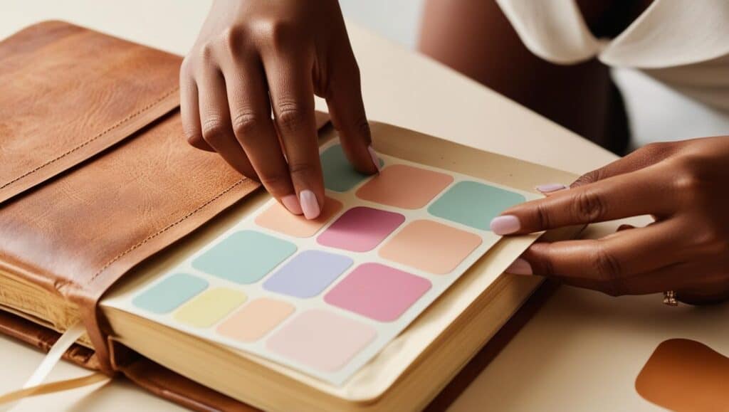 woman puttin pastel stickers in her sticker journal