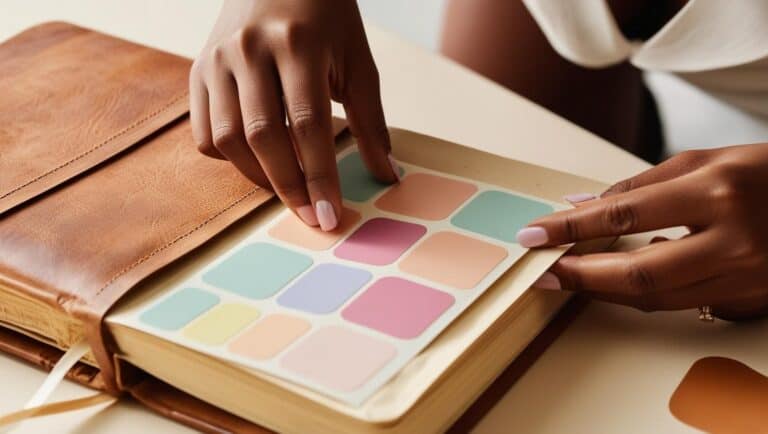 woman puttin pastel stickers in her sticker journal