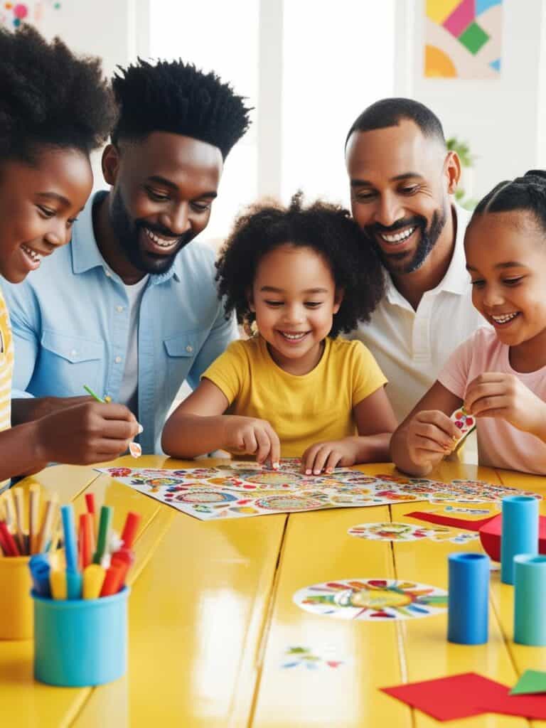 family putting stickers in an album