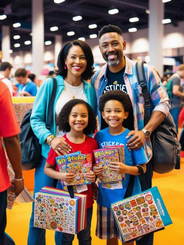 family at a sticker trade show