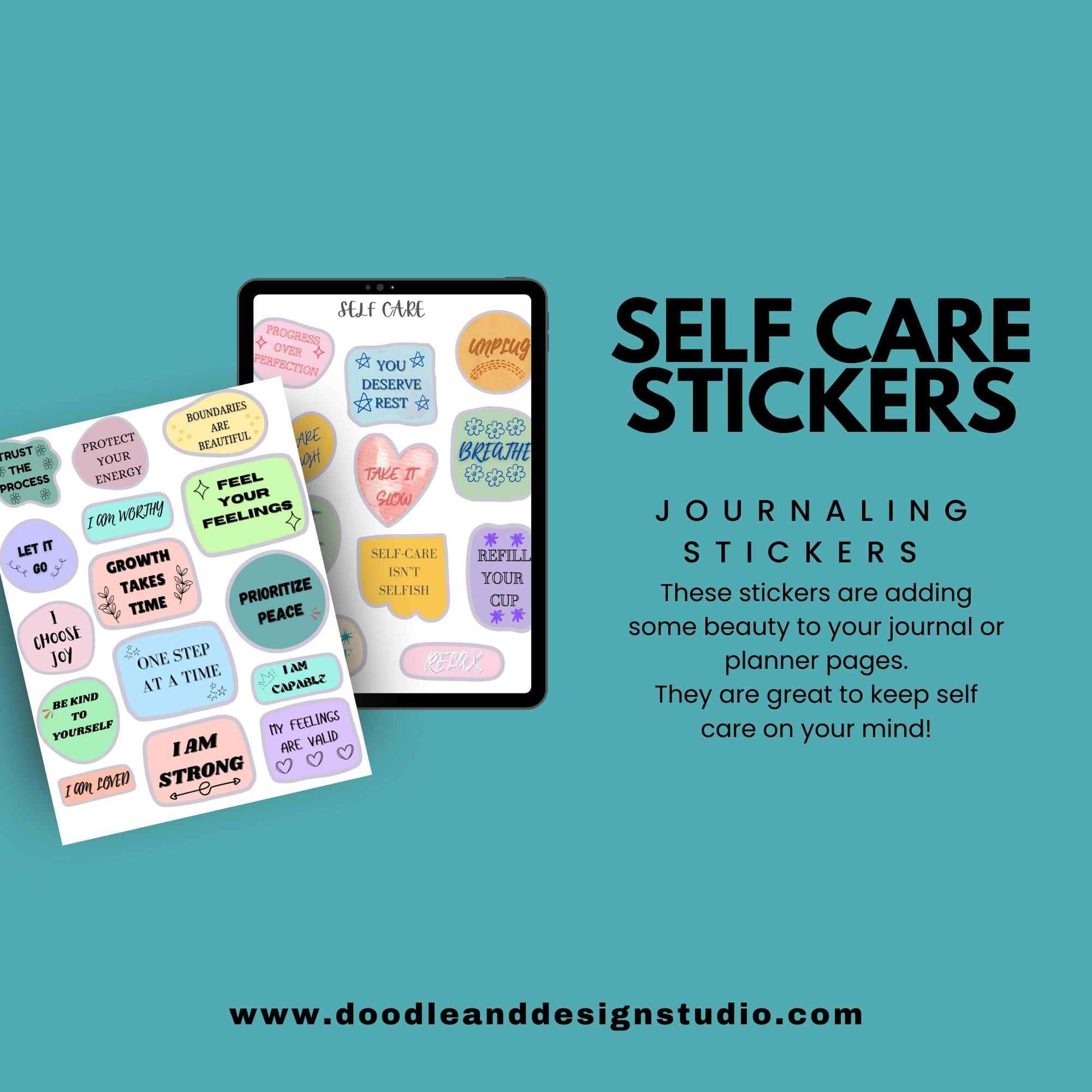 two sticker sheets with self care typography free printable with email sign up