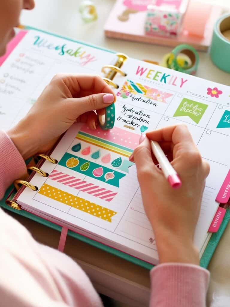woman learning how to decorate planner with stickers, decorate your planner with stickers