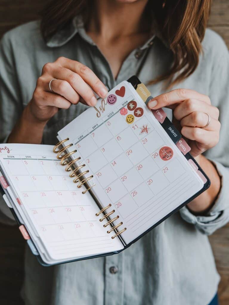 a woman using stickers to keep track of her sticker planner