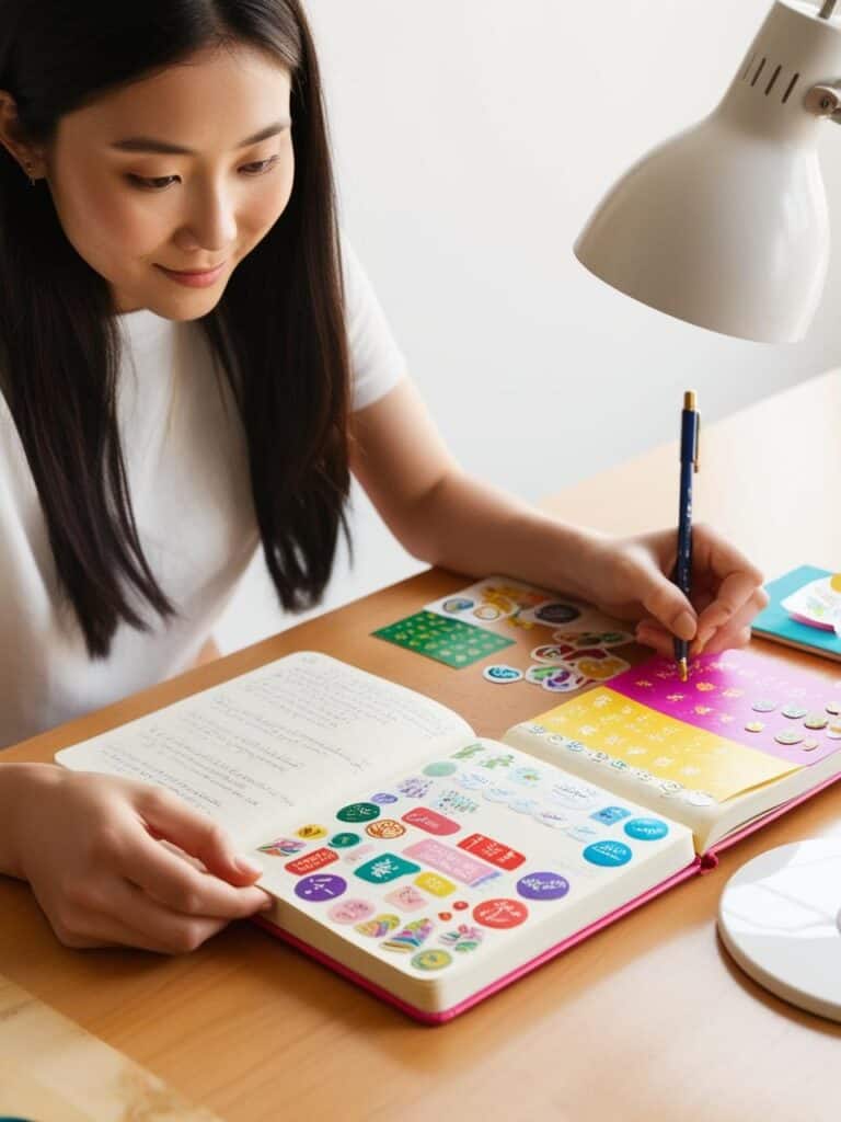 WOMEN GETTING OUT ALL HER SUPPLIES TO USE STICKERS IN HER JOURNAL