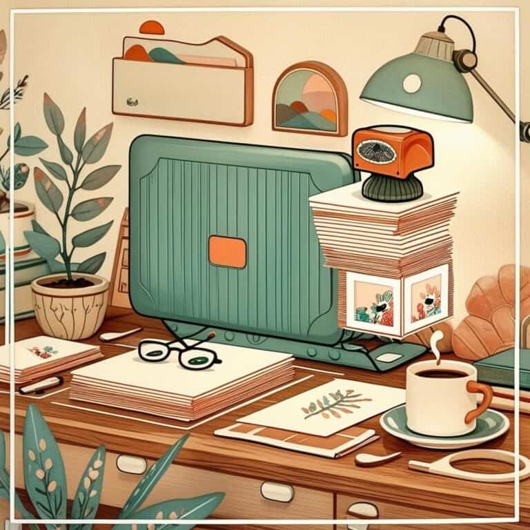 desk with stacks of paper that look like important documents in a muted retro color scheme