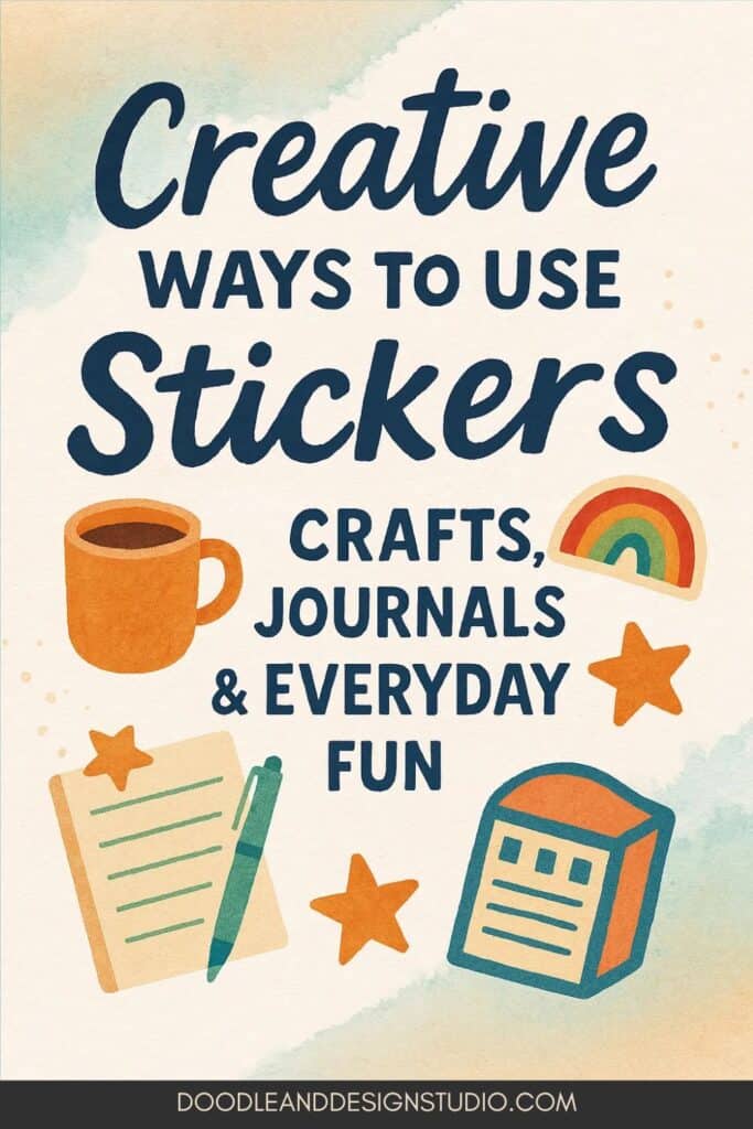 pinterest pin creative ways to use stickers for crafts muted water color background with a cup of coffee, rainbow, tars, and notebook paper with pen