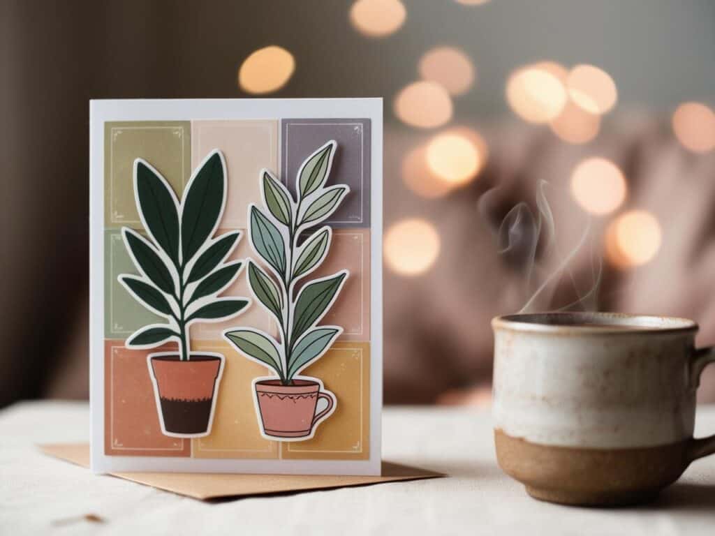 greenting card with plant stickers on a muted retro background with coup of coffee