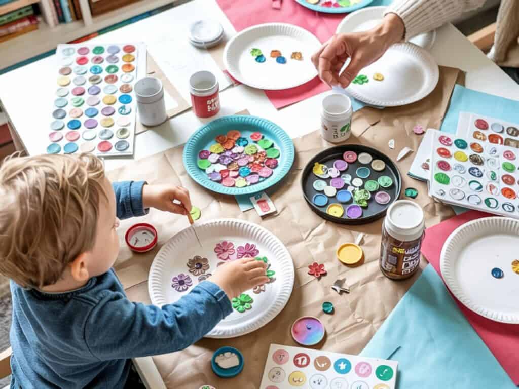 mom and toddler using stickers together at a table, surrounded by paper plates and craft supplies in a playful atmosphere.