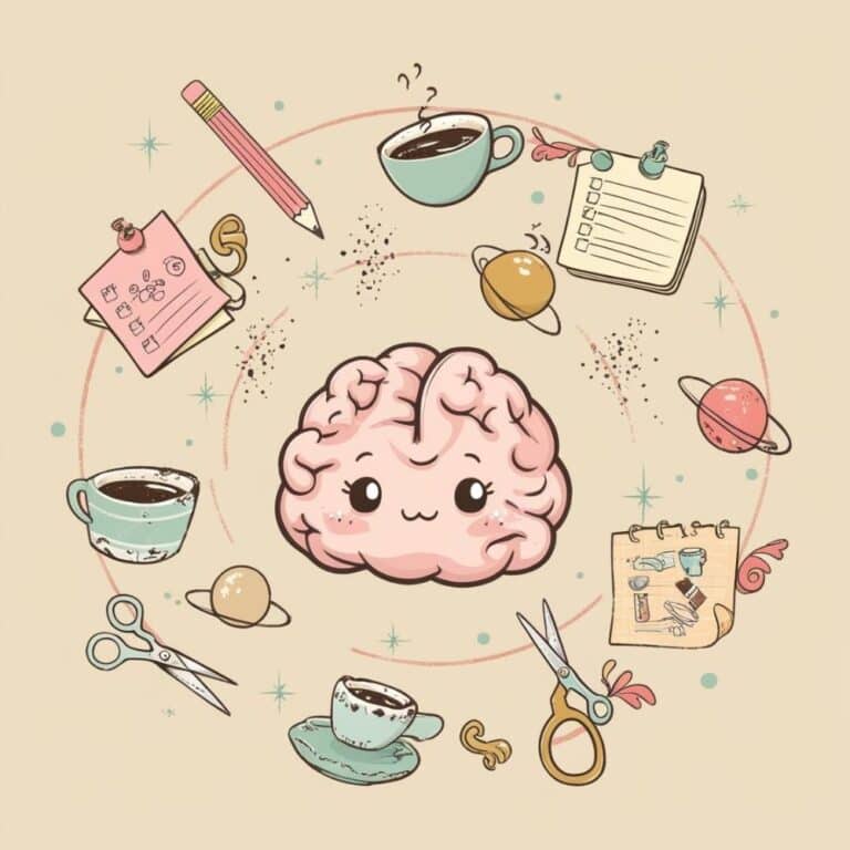 illustration of a cute brain with a face surrounded by lots of choices coffee cups, scissors, pencil, papers, plantets