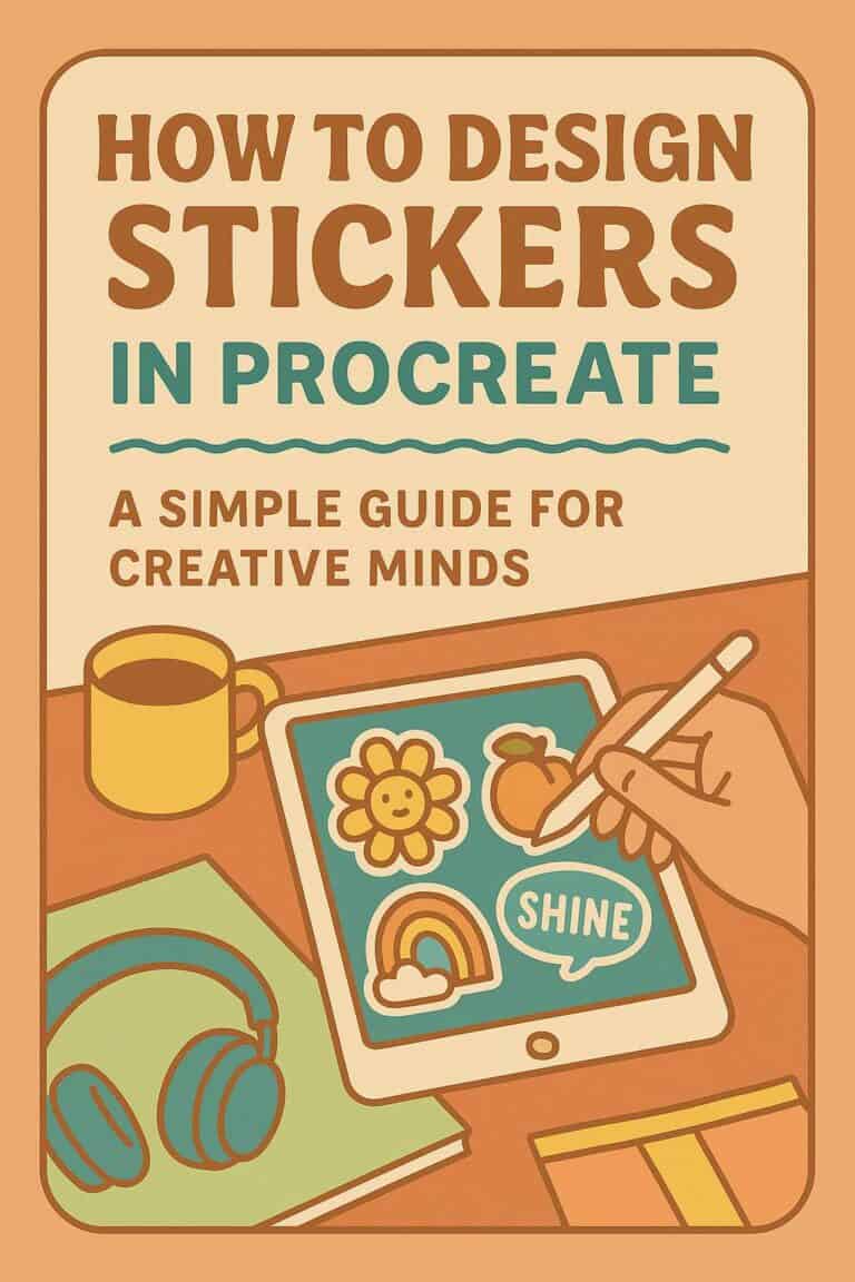 retro orange poster with i pad and headphones person drawing stickers