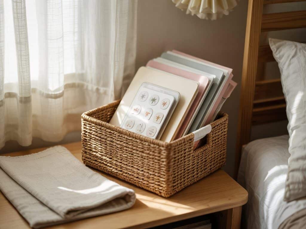 a wicker basket with sticker sheets on a wooden table