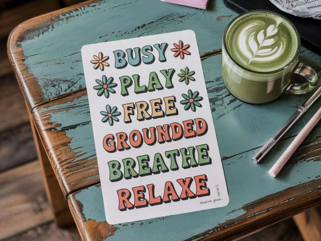 motivational word stickers on a distressed teal and wood table, pens and matcha latte on table