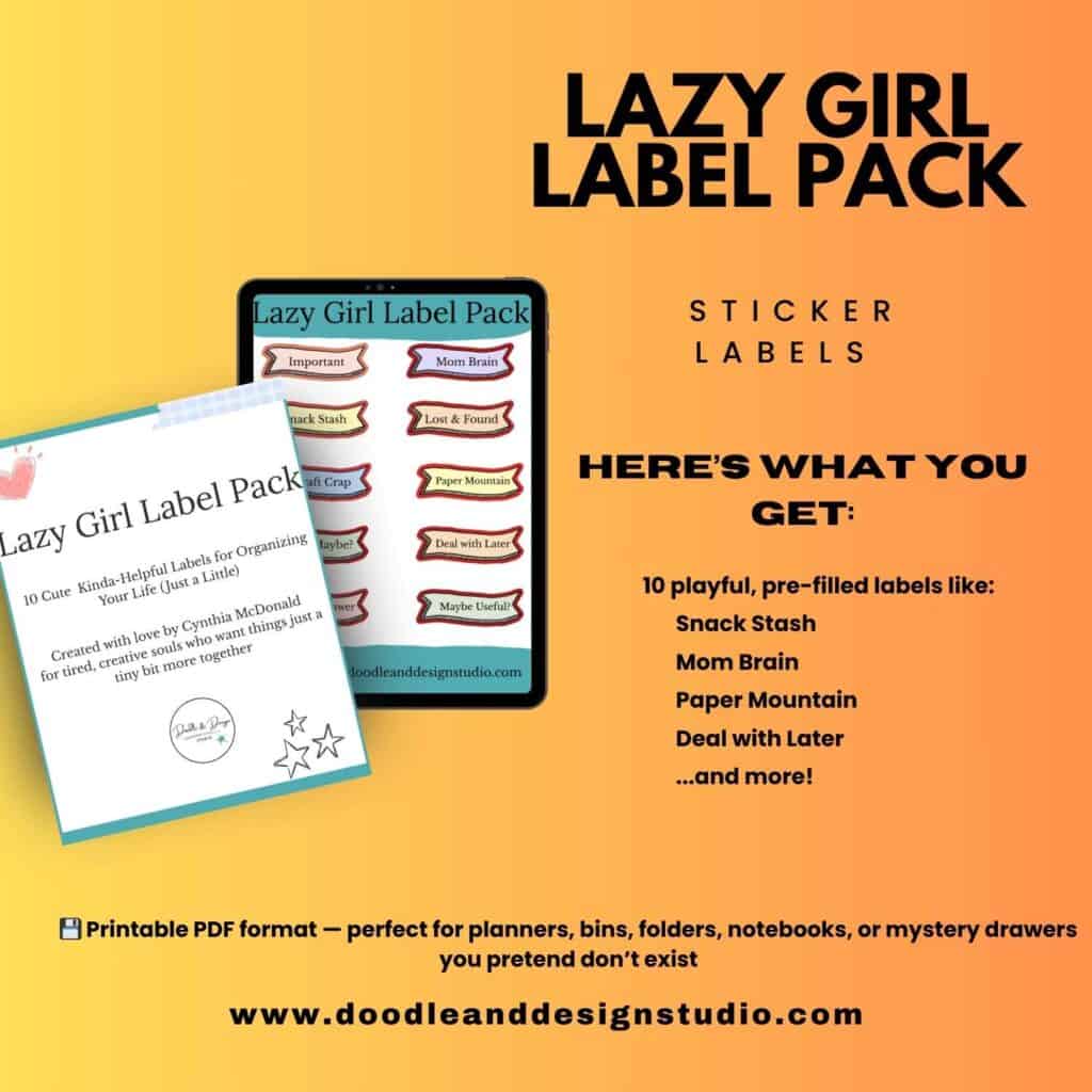 infographic lazy girl label pack preview of freebie labels on i pad and on printed paper orange background