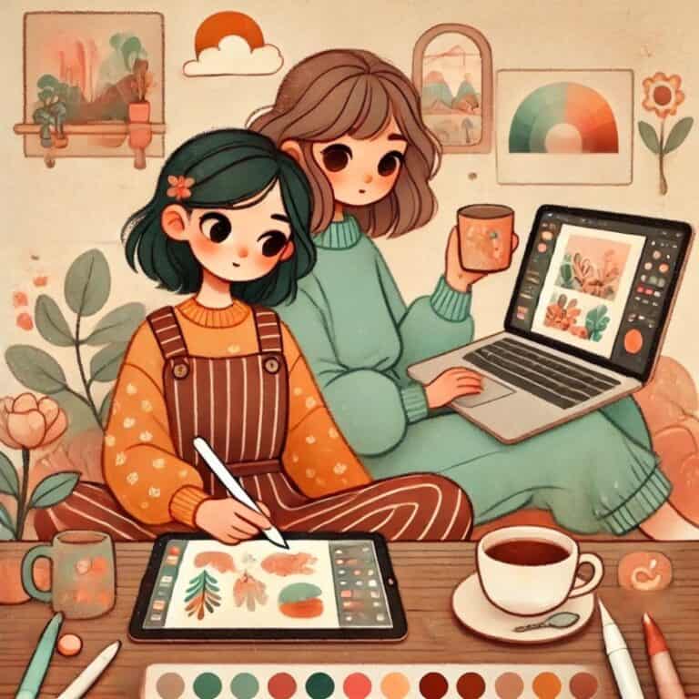 two women illustrating stickers one using canva and one using procreate