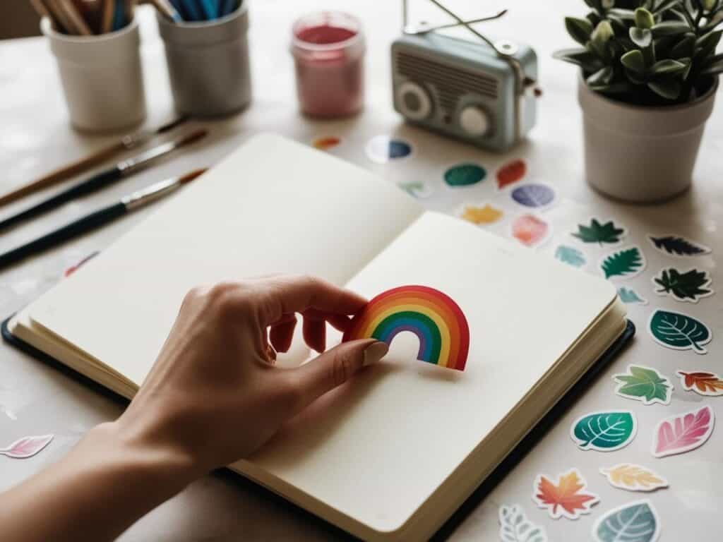 putting a rainbow sticker in a blank journal with stickers, a plant, and radio in the background