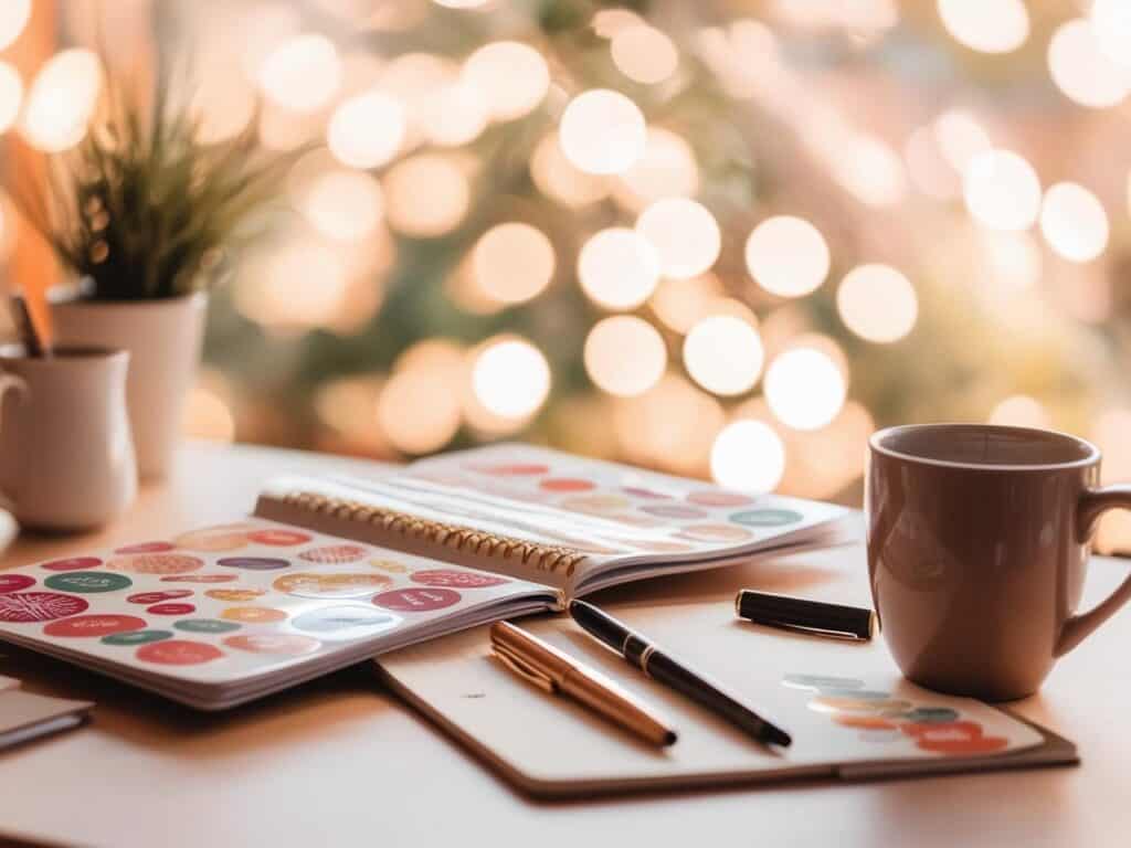 soft lights photo of a wooden desk with an open planner decorated with pastel stickers, a coffee mug, pen, and potted plant.
