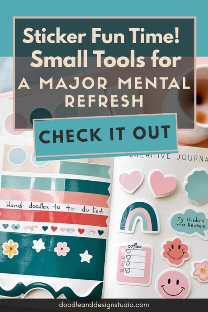 pinterest pin for sticker therapy, showing close up of stickers in journal in muted retro colors