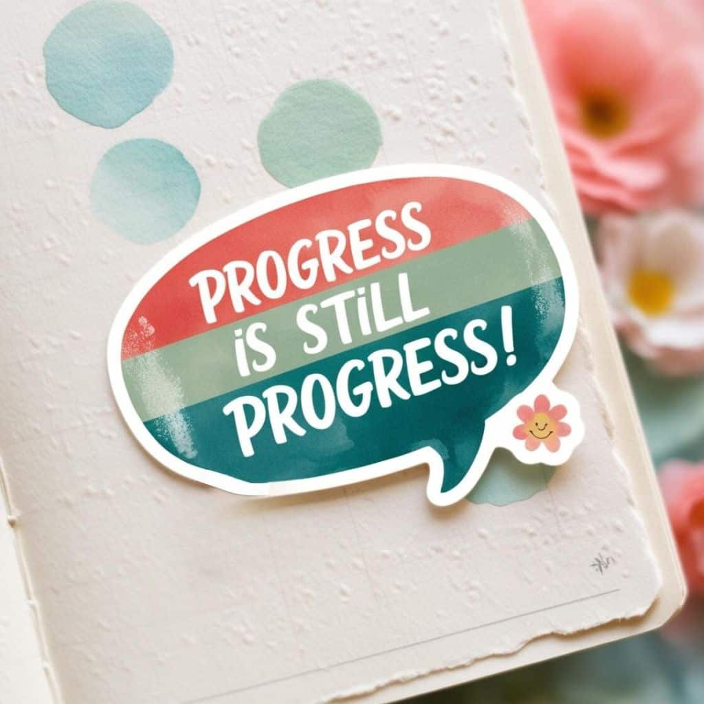 word bubble close up progress is still progress muted retro colors small flower
