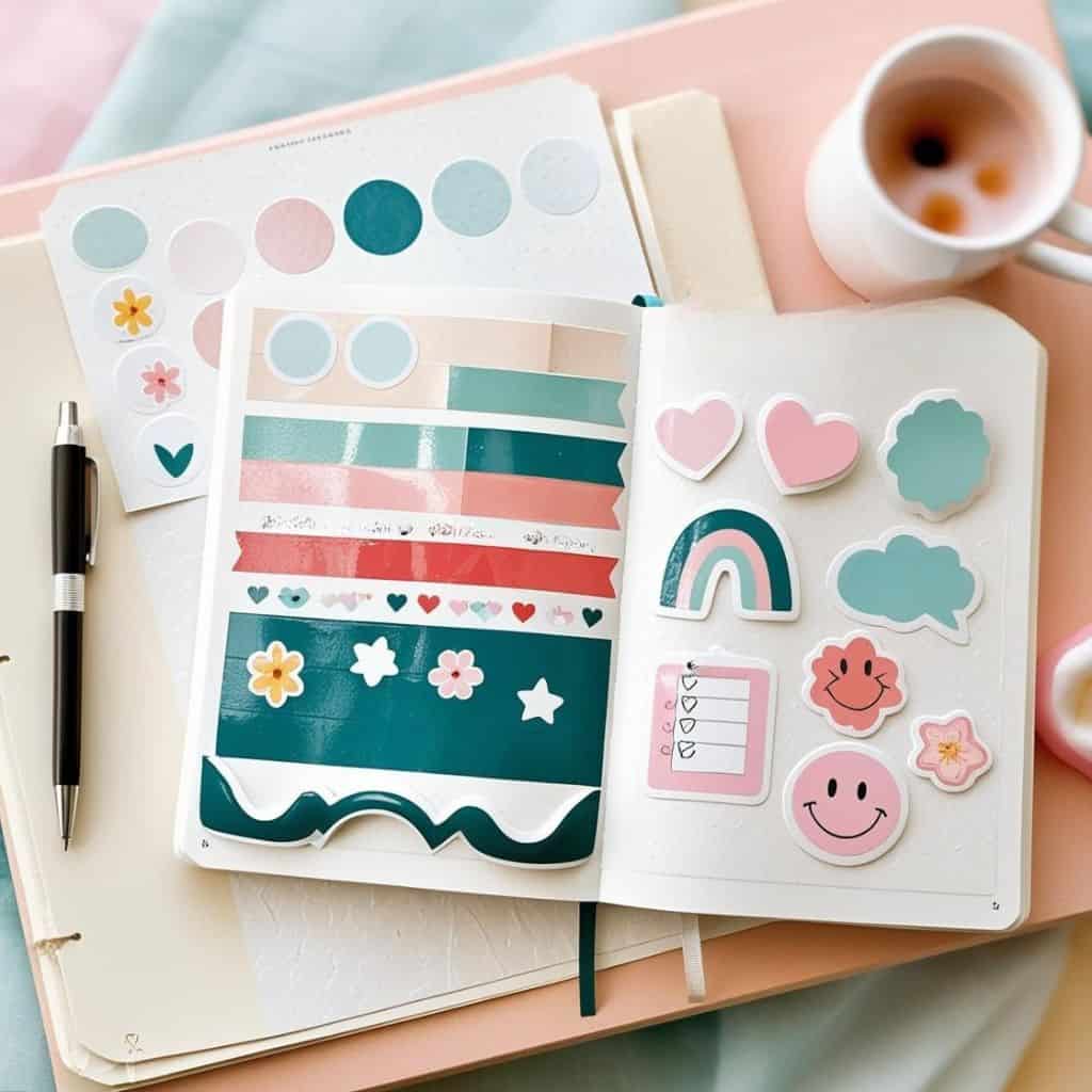 open journal full of stickers in muted colors