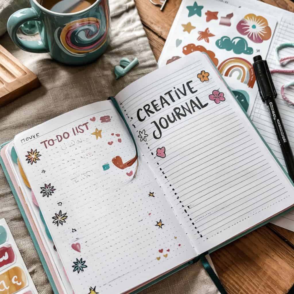 open journal on a table with a cup of coffee and stickers