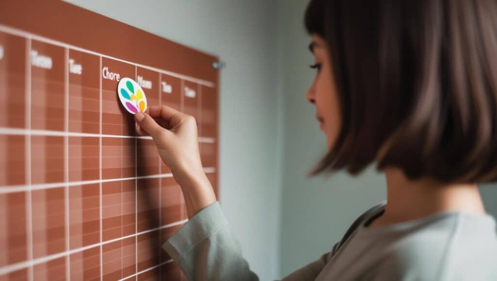 woman placing a sticker on a brown chore chart