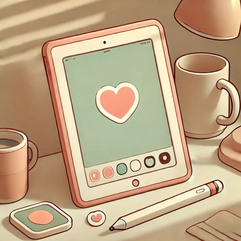 a muted retro color scheme with an ipad with a heart on the screen a cup of coffe and apple pencil in the foreground