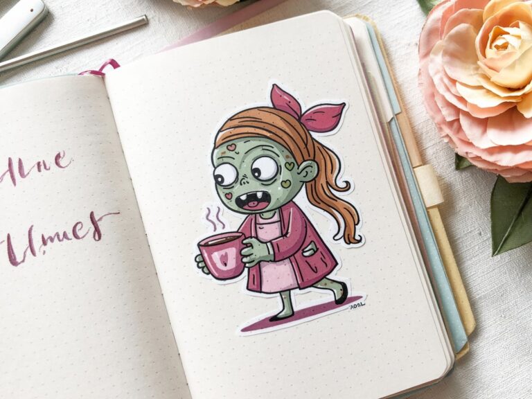 Zombie mom sticker with a cup of copy on a bullet journal