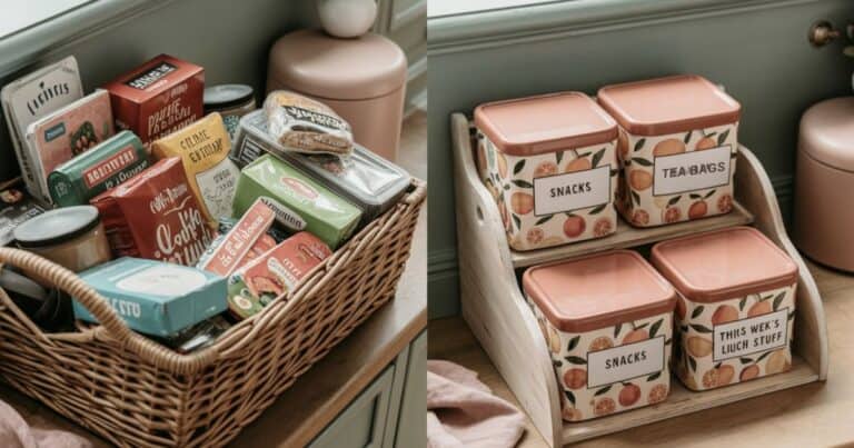 Before and after photo of pantry basket organization using label stickers