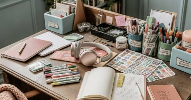 Sticker-labeled paper trays in a realistic home office with cozy, creative clutter