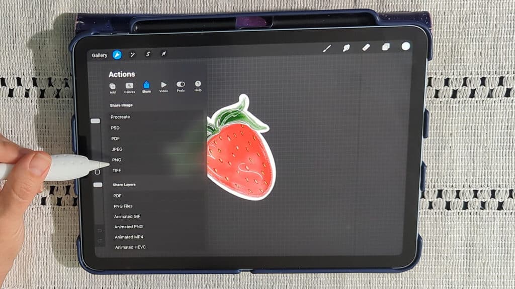 exporting your finished strawberry sticker in procreate as a png