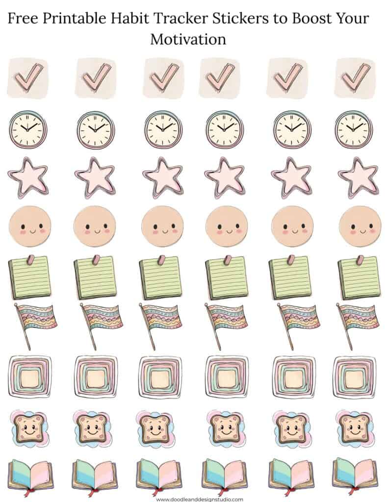 free habit tracker stickers toast, flags, pink stars