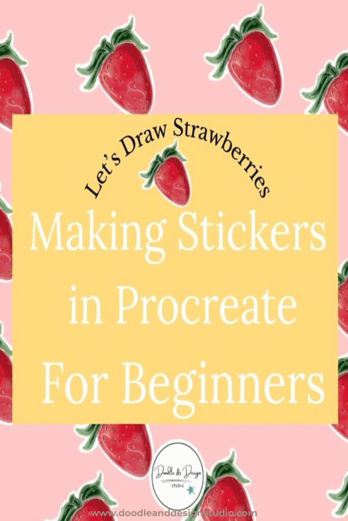 pink background with strawberries and yellow box with text making strawberries in procreate pinterest pin