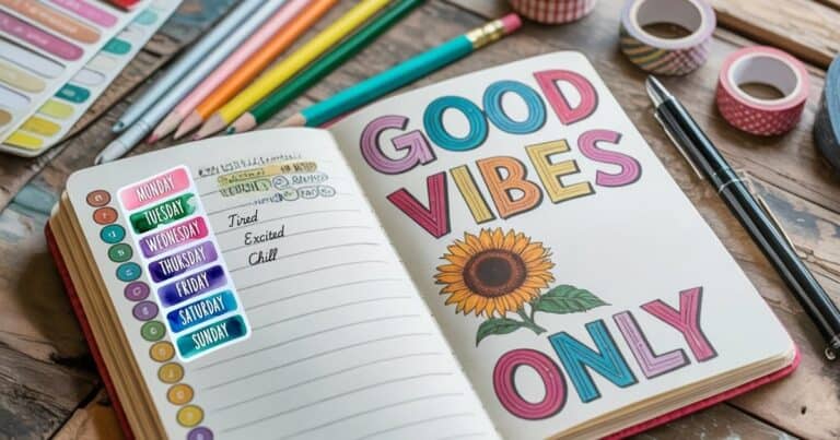 Sticker mood tracker journal page in progress with a pen and handwritten moods