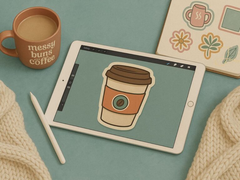An iPad on a desk showing layered sticker artwork in Procreate with a cozy, muted color palette.