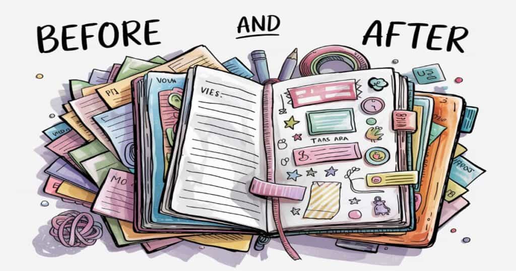 Before and after study notes using sticker organization