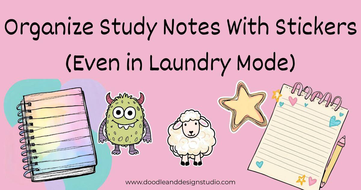 pink background with cute study stickers a monster, sheep, star, and notebook