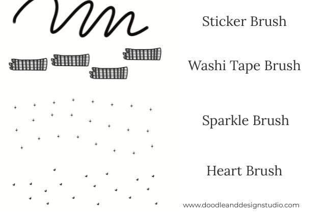 white background showing brushes in freebie sticker brush, washi tape, stars, hearts