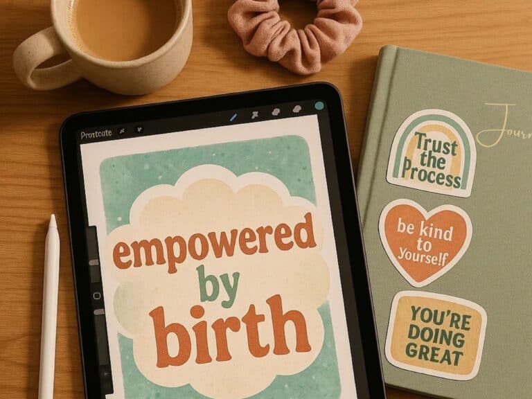 A cozy flat lay image of an iPad with Procreate open, showing a sticker design in progress beside a planner and coffee mug.