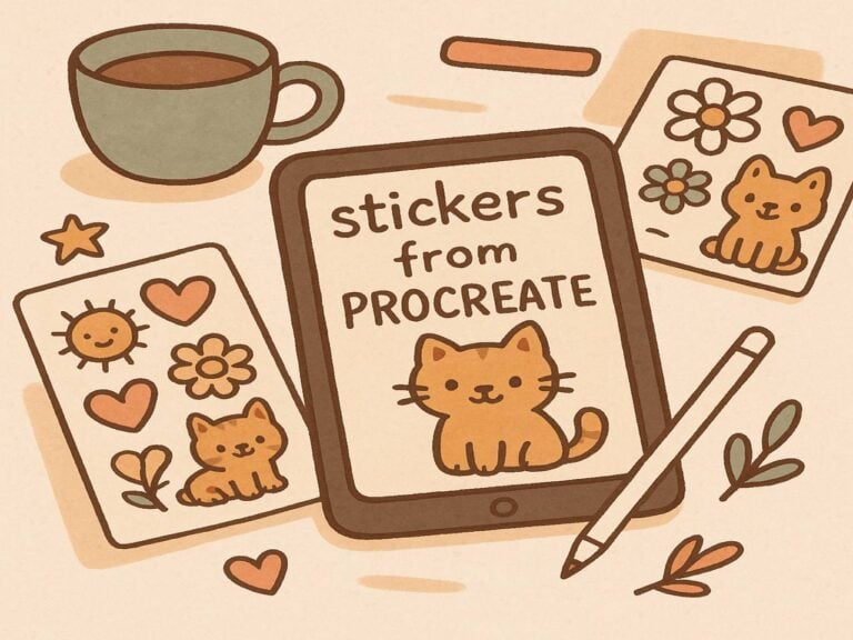 digital-tools-flatlay.png Hand-drawn illustration of iPad with Procreate open, surrounded by sticker sheets and coffee, representing tools for Procreate sticker design.
